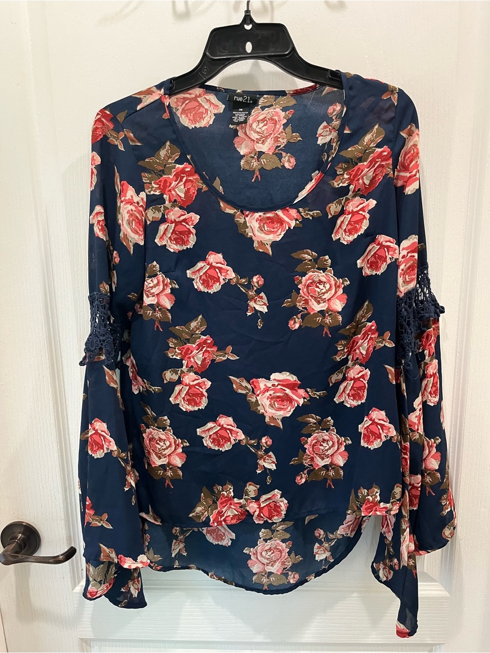 Rue21 Navy Floral Top with Lace-Sleeve Detail